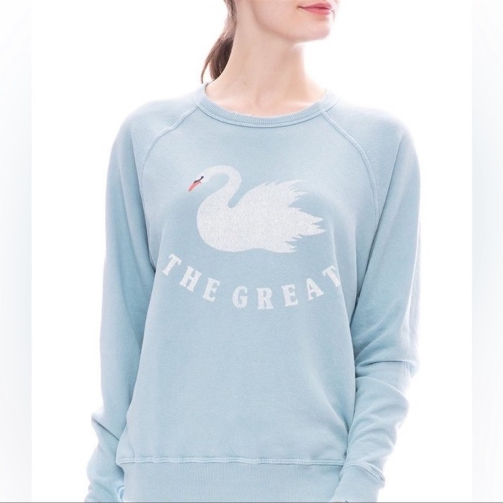 ISO The Great College Sweatshirt w/ Swan Graphic in light blue. Size 0 or 1.